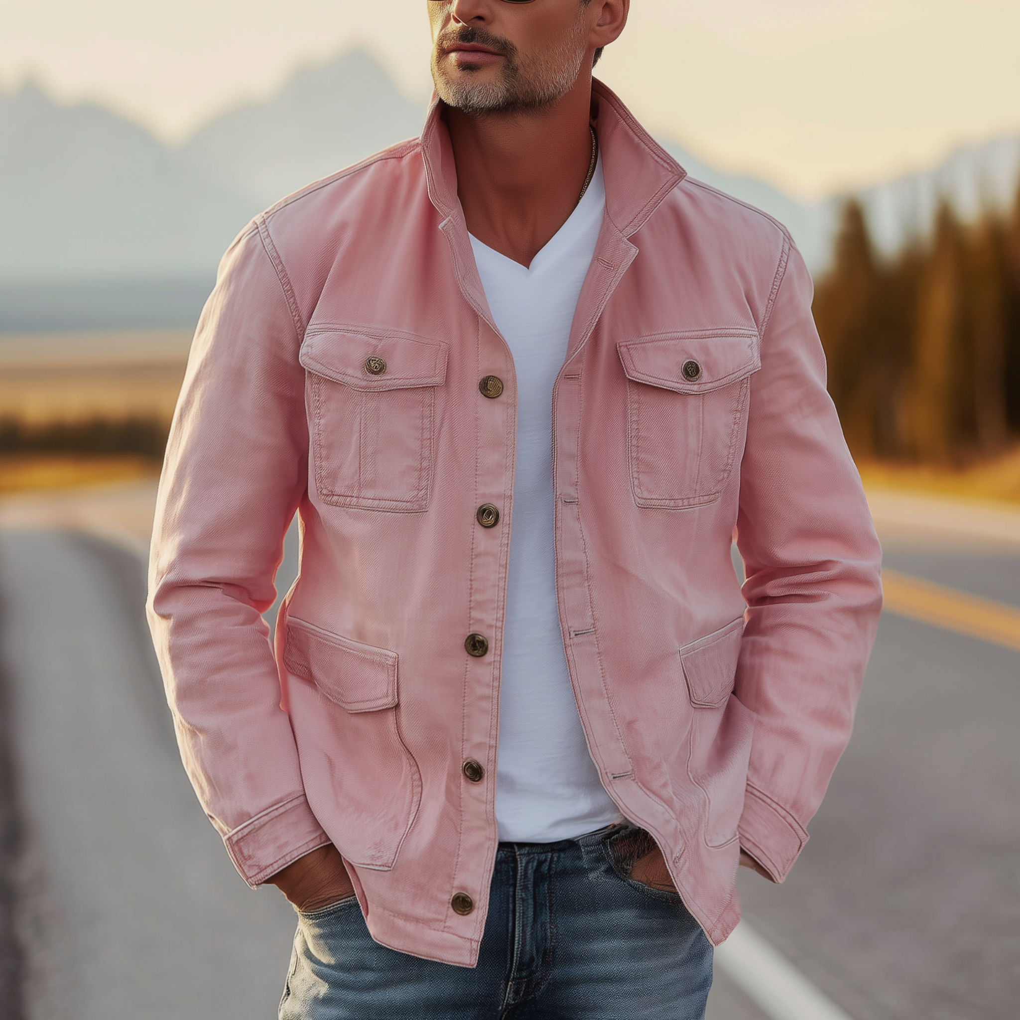 Men's Classic American Retro Western Style Stand Collar Washed Pink Denim Multi-pocket Jacket MTA2096H5K