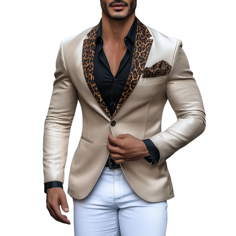 Men's Stylish Elegant Leopard Print Satin Patchwork Notch Lapel Single-breasted Slim-fit Blazer MTA0861H3M