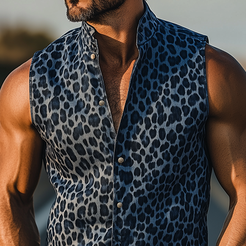 Men's Classic Retro Western Cowboy Style Denim Jacquard Leopard Print Slim Fit Stand Collar Sleeveless Shirt MTA0890E5K