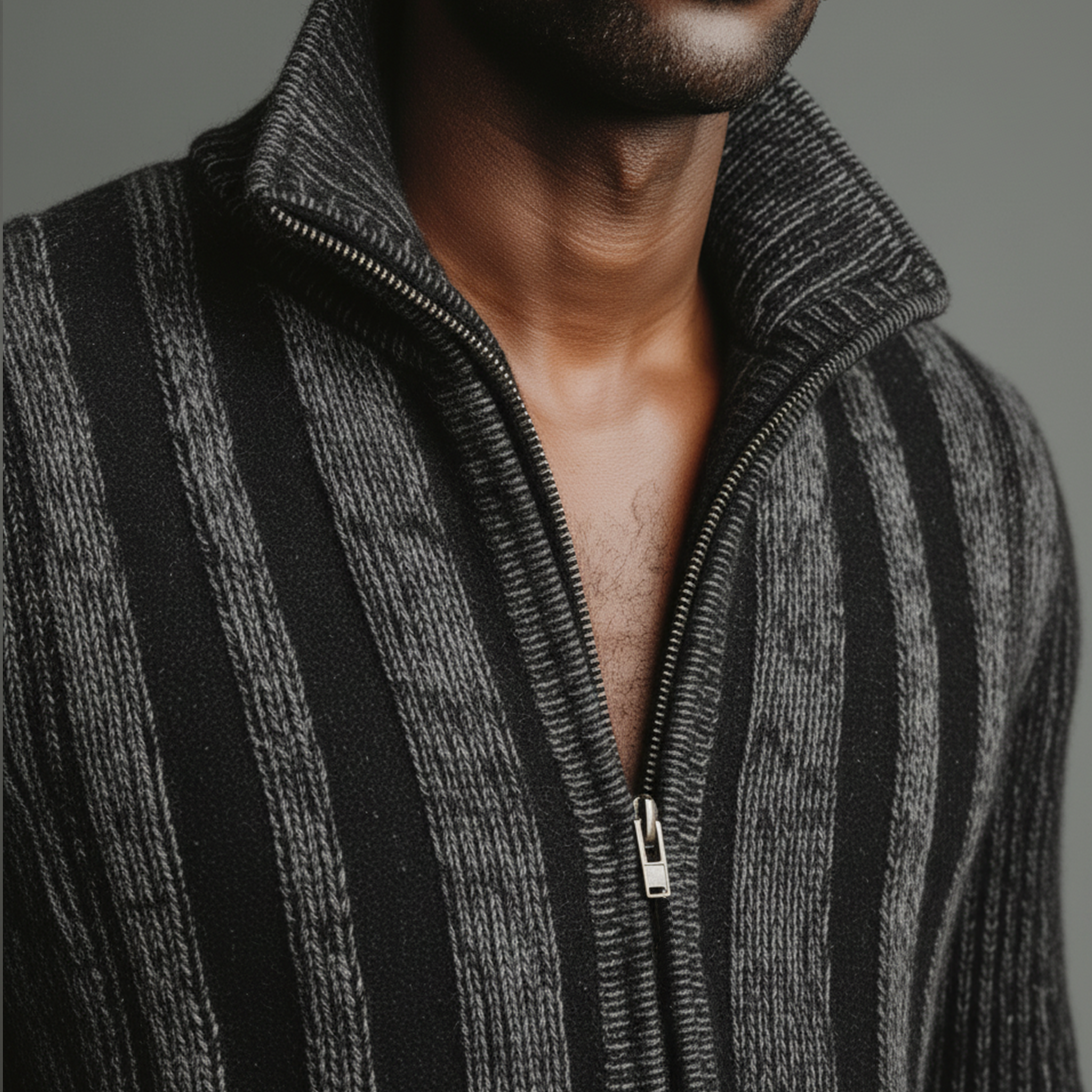 Men's Classic Retro Vertical Striped Stand Collar Zipper Knitted Cardigan MTA2367I5K