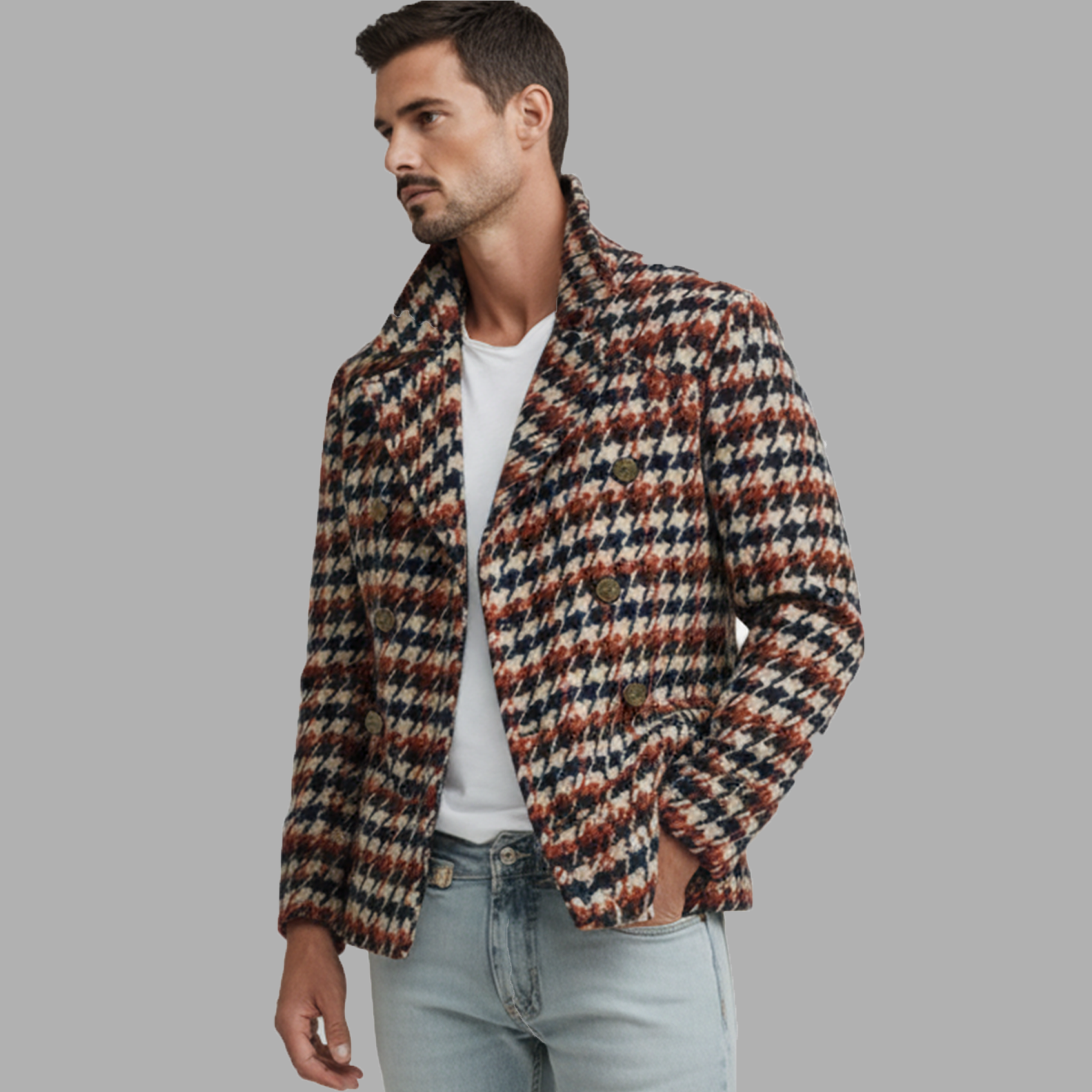Men's Classic Retro Lapel Houndstooth Faux Wool Double-breasted Jacket MTA1856I5K