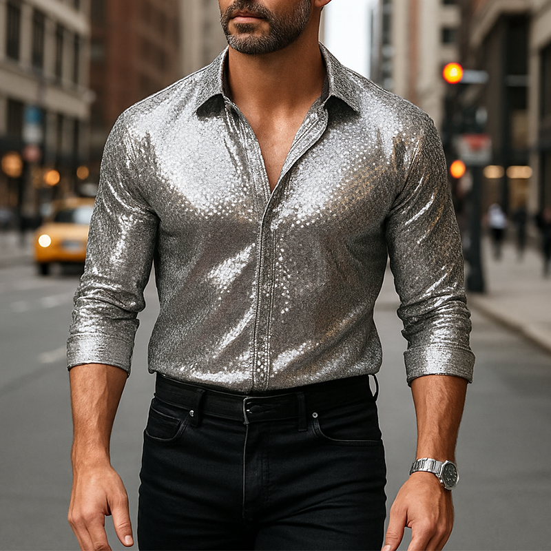 Men's Summer Fashion Sequin Polyester Long Sleeve Shirt MTA0542F4P