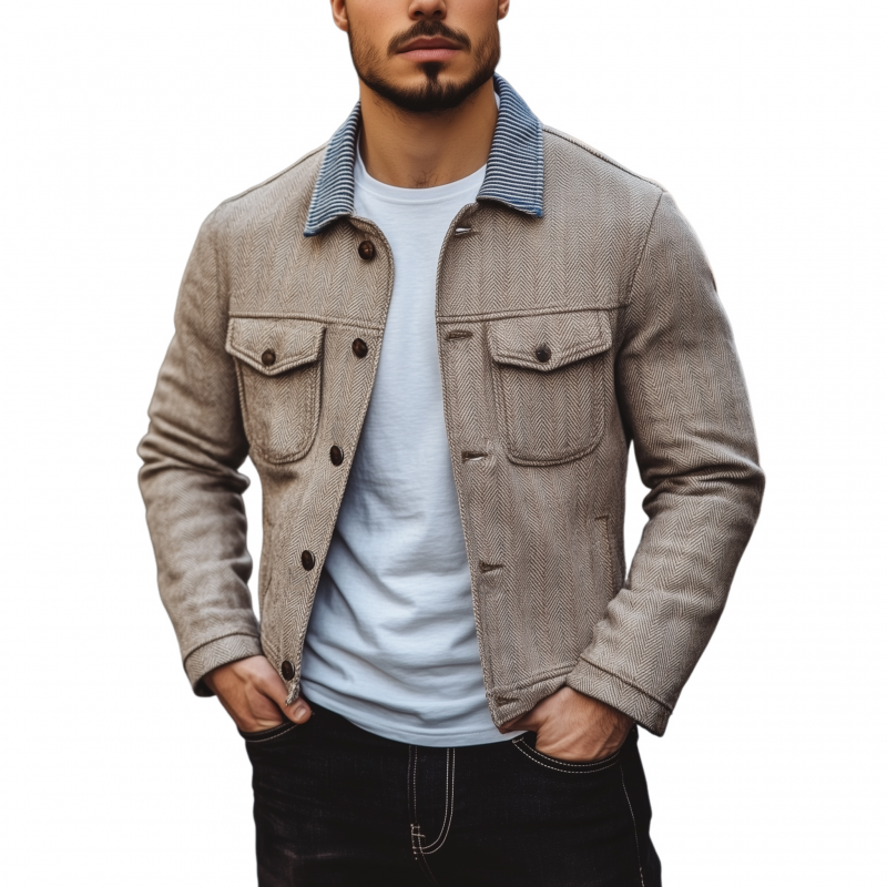 Men's Vintage Herringbone Striped Lapel Patchwork Single-breasted Slim-fit Jacket MTA0690H0M