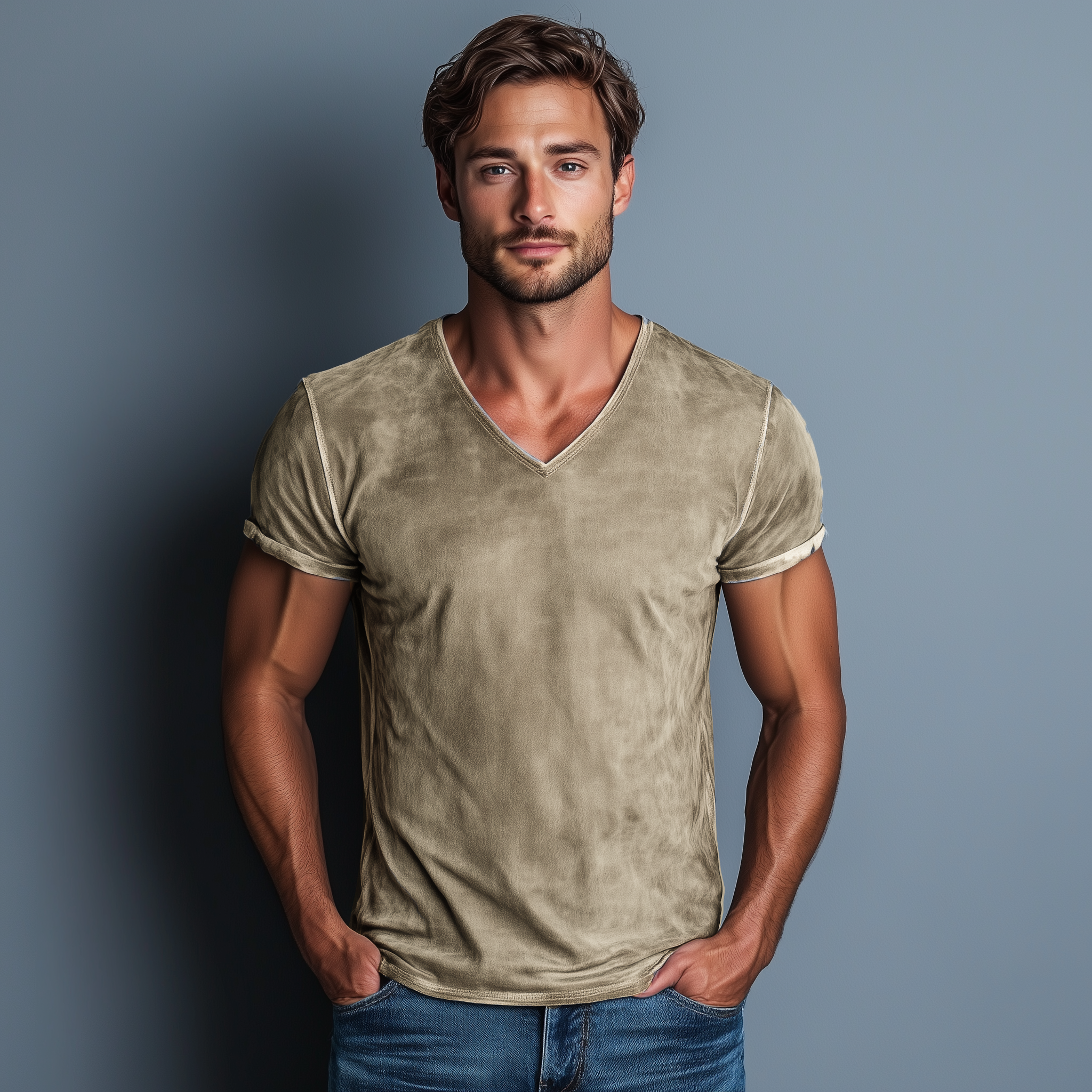 Men's Classic Casual Thin Suede Washed Distressed V-neck Slim Short-sleeved T-shirt MTA1920G5K