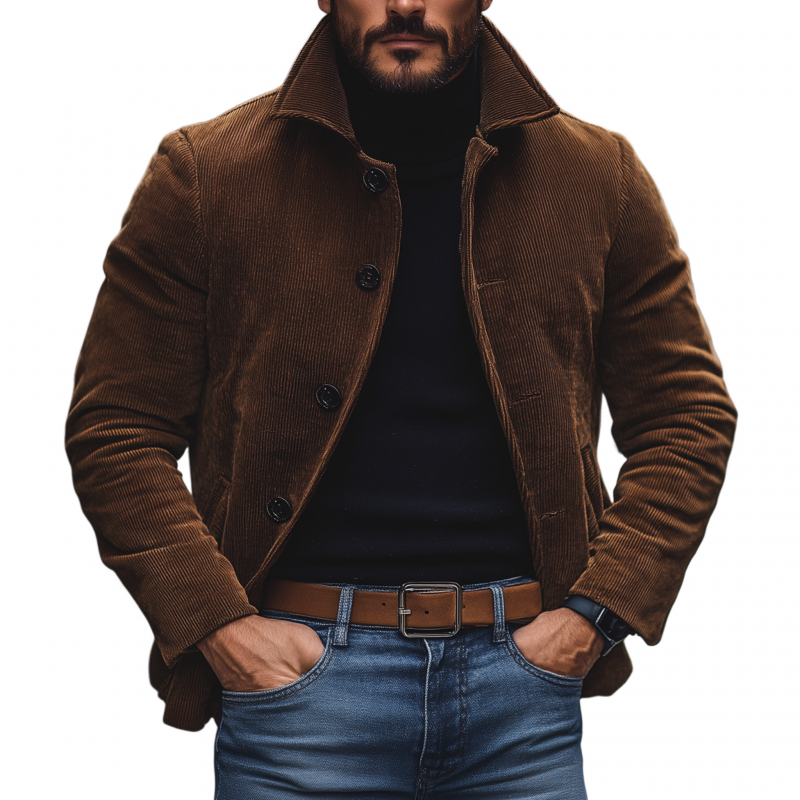 Men's Vintage Casual Solid Color Corduroy Lapel Single-Breasted Loose Work Jacket MTA1865H3M