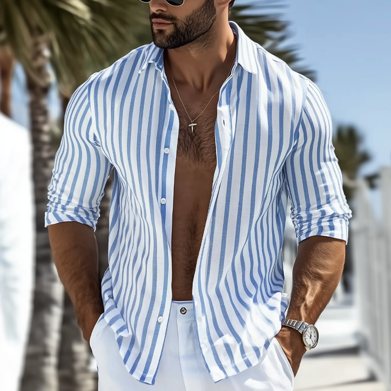 Men's Cotton And Linen Striped Print Long-sleeved Shirt MTA2117G4X