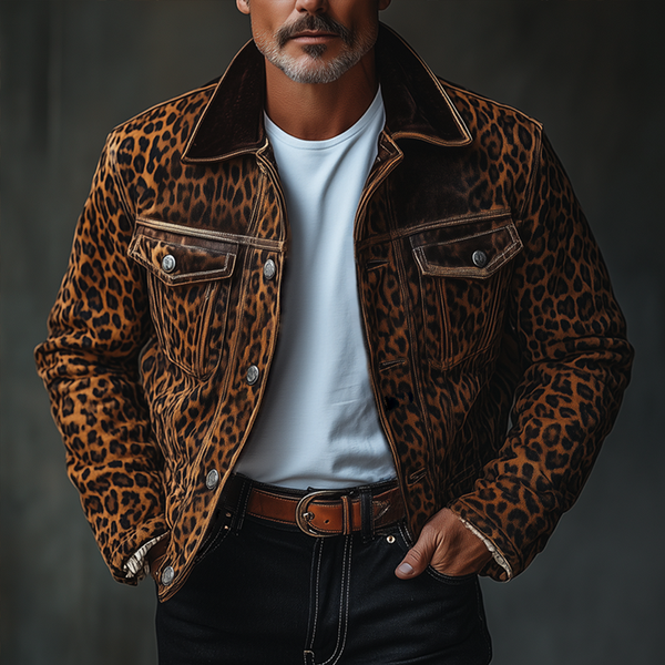 Men's Fashion Leopard Suede Lapel Chest Pocket Single Breasted Cargo Jacket 99029220Z