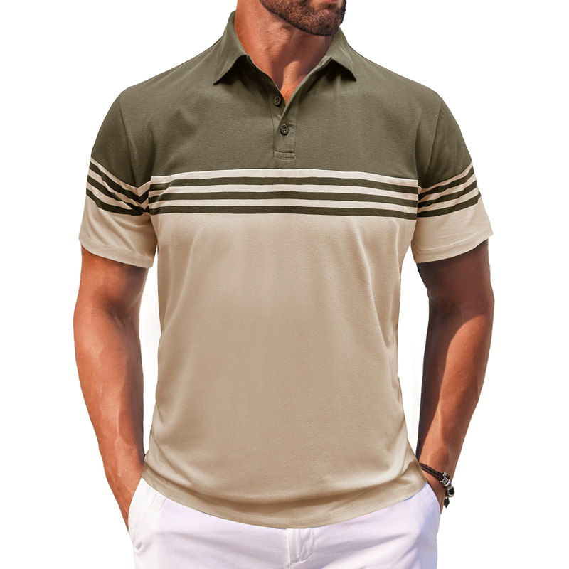 Men's Colorblock Striped Lapel Short Sleeve Polo Shirt 24502664Z