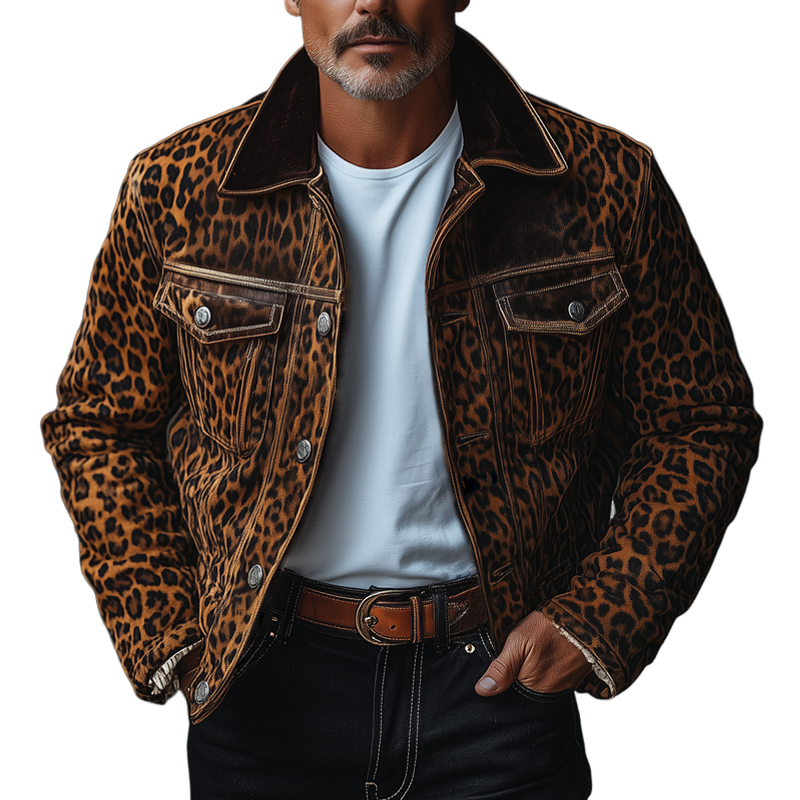 Men's Fashion Leopard Suede Lapel Chest Pocket Single Breasted Cargo Jacket 99029220Z