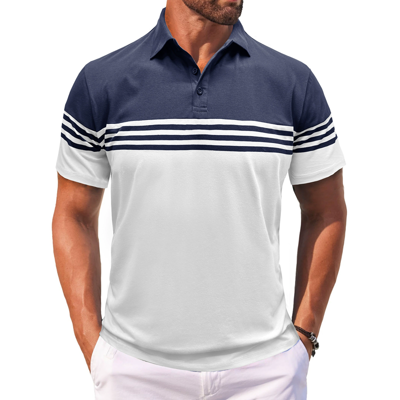 Men's Colorblock Striped Lapel Short Sleeve Polo Shirt 24502664Z