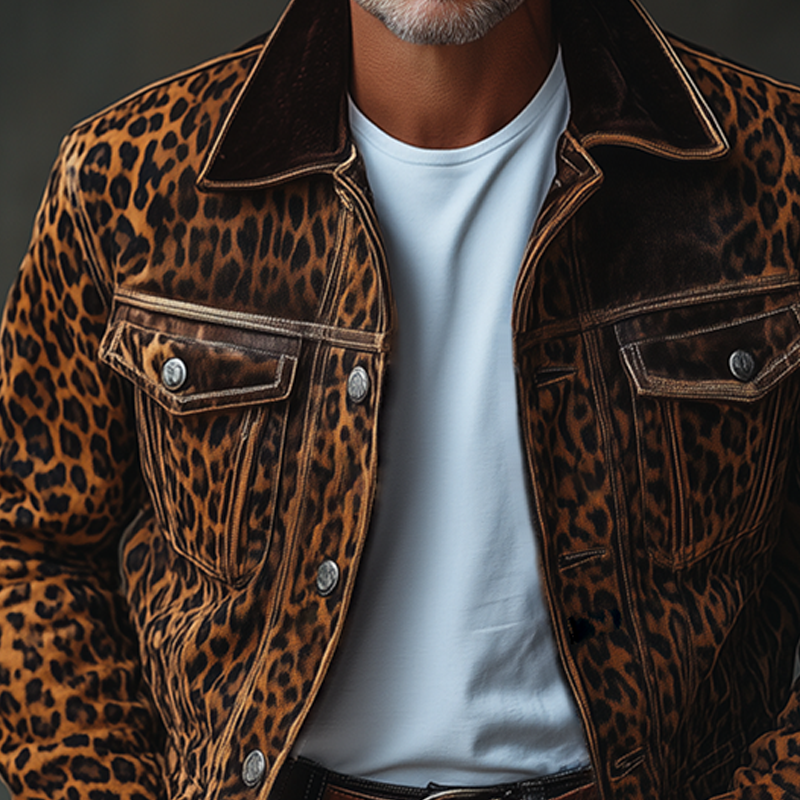 Herremote Leopard Semsket Lapel Brystlomme Single Breasted Cargo Jacket 99029220Z