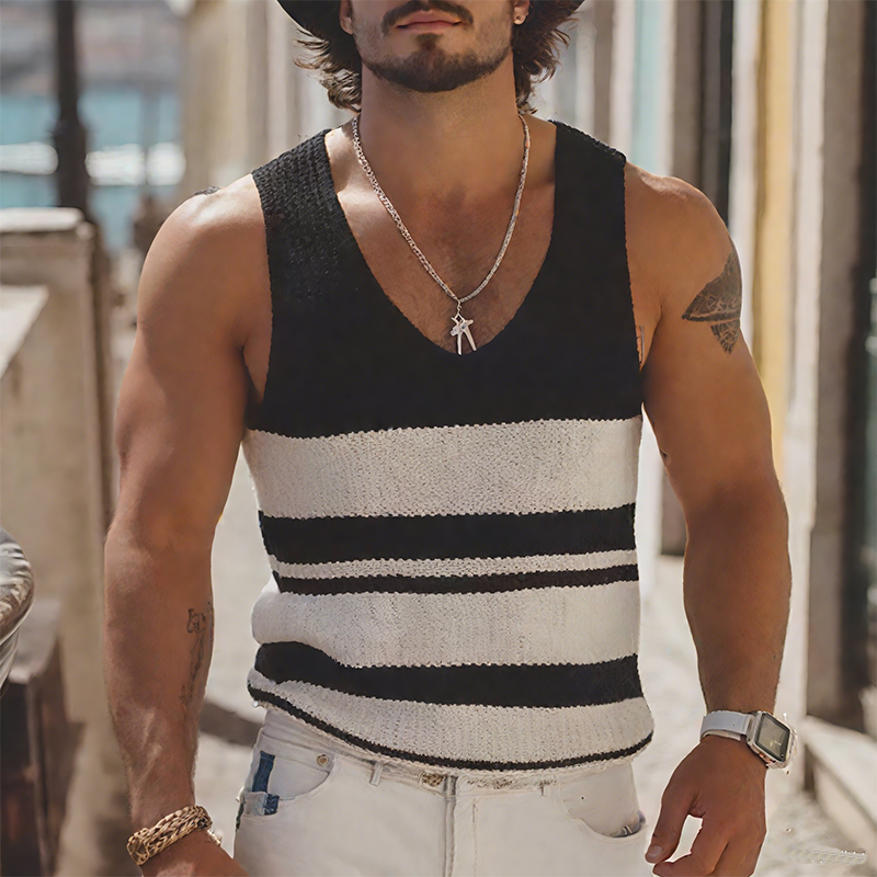 Men's Summer Fashion Casual U-neck Knitted Black And White Horizontal Striped Tank Top MTA2649F7K