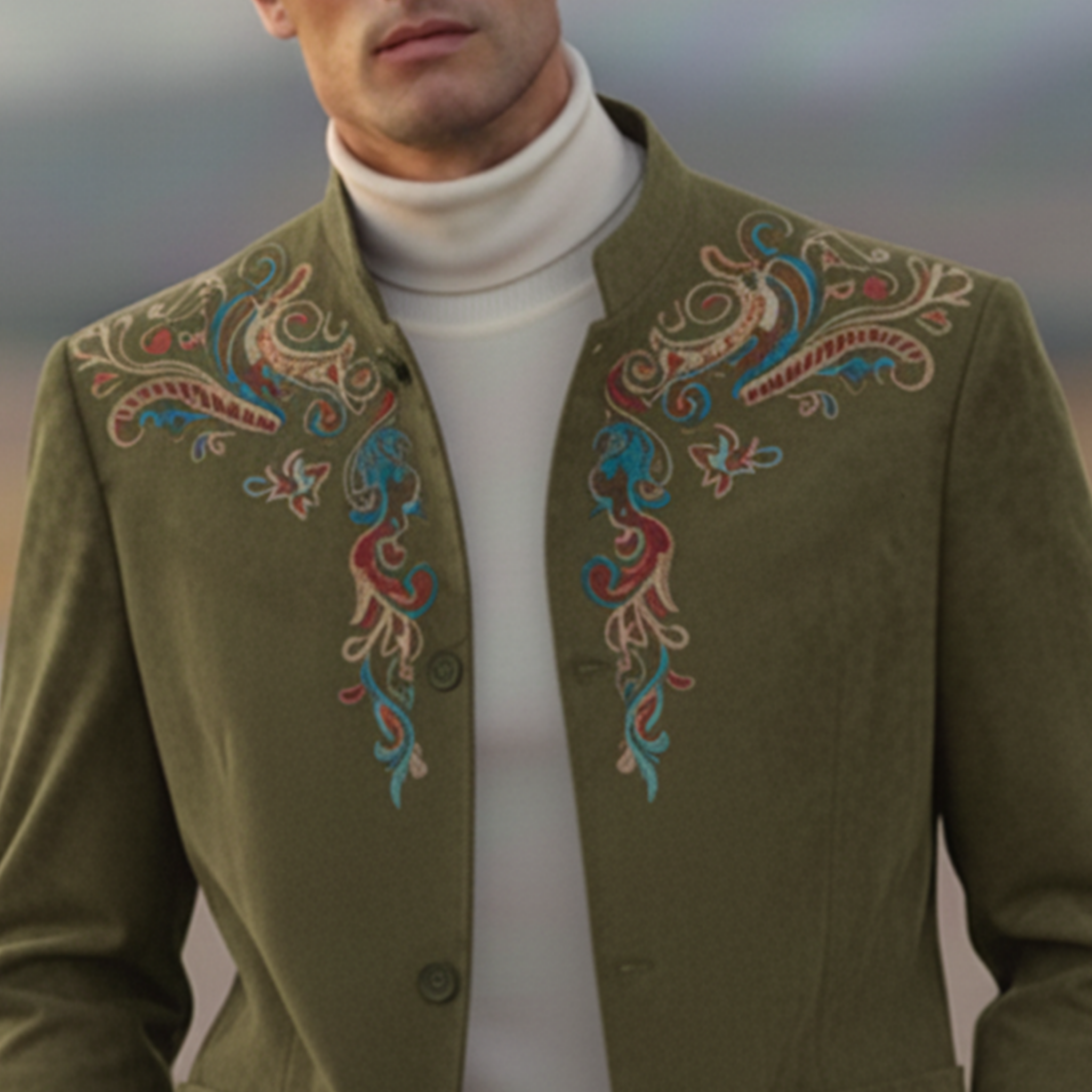 Men's Classic Retro Western Style Stand-up Collar Embroidered Faux Suede Jacket MTA1194K5K