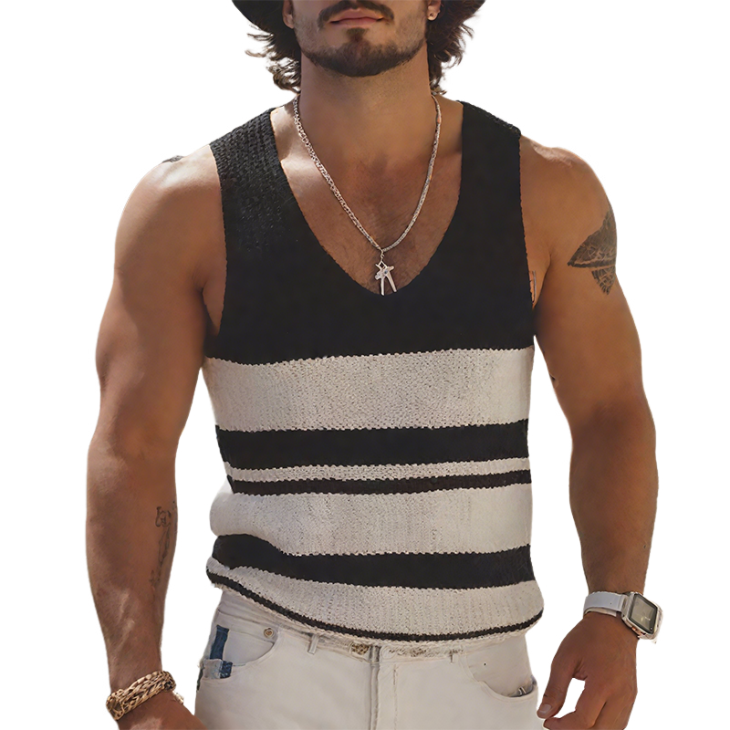 Men's Summer Fashion Casual U-neck Knitted Black And White Horizontal Striped Tank Top MTA2649F7K