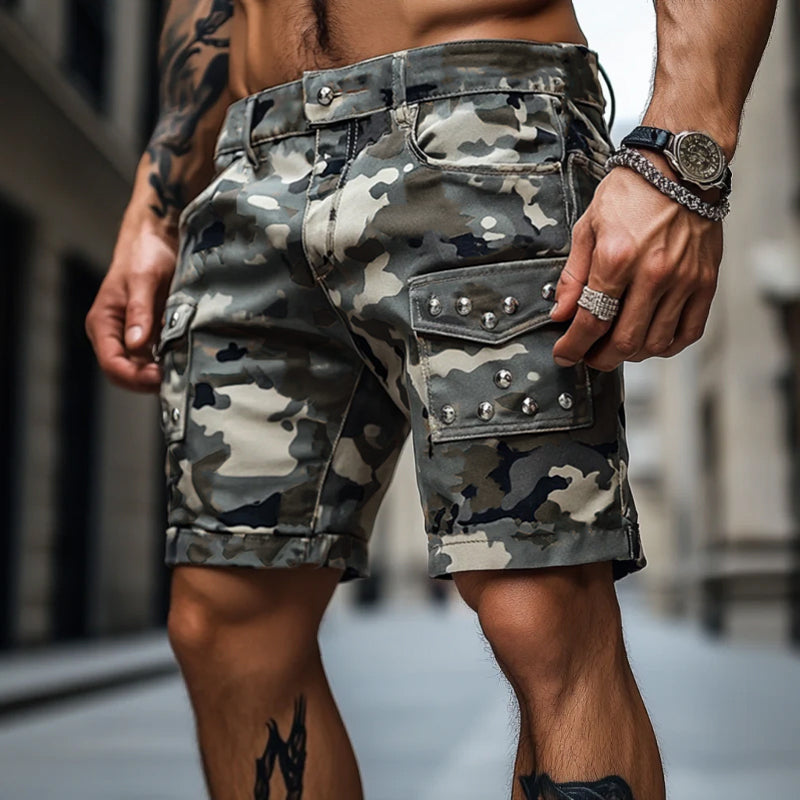 Men's Casual Outdoor Washed Cotton Camouflage Multi-Pocket Rivet Slim Shorts MTA0552F9M