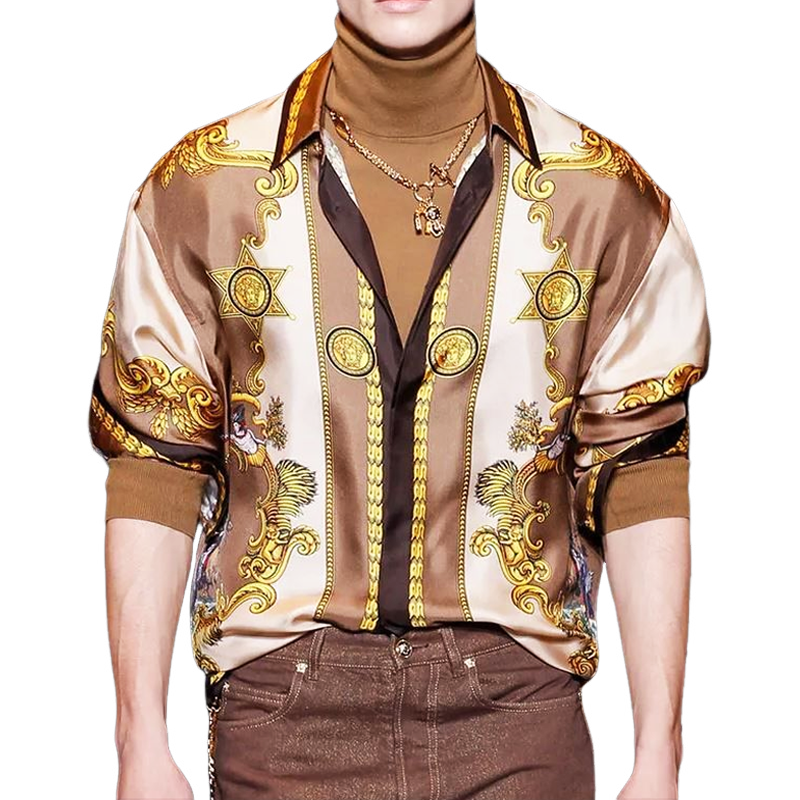 Men's Casual Satin Vintage Print Long Sleeve Shirt MTA1947H2U