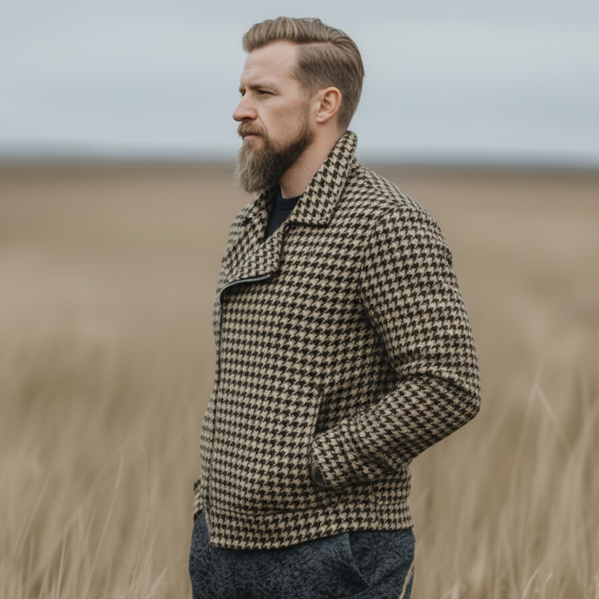 Men's Classic Retro Western Tough Style Lapel Faux Houndstooth Woolen Jacket MTA2754J9K