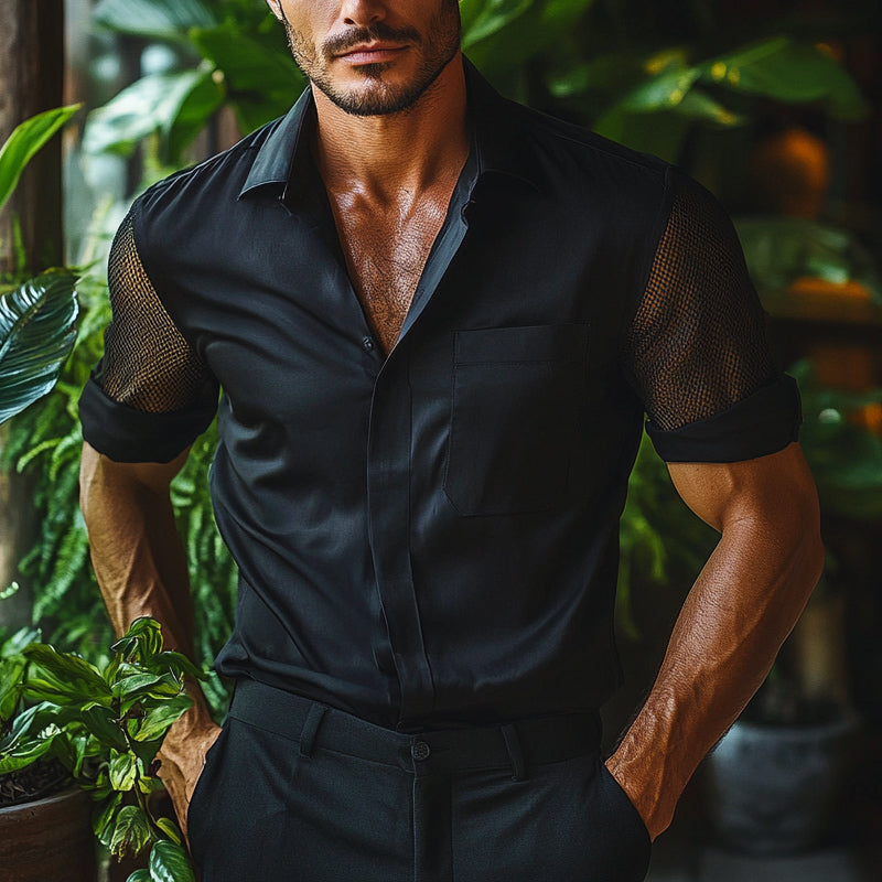 Men's Solid Color Mesh Short Sleeve Stitching Lapel Shirt MTA2794E0X