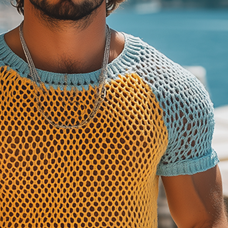 Men's Fashion Casual Hollow Contrast Color Stitching Knitted Round Neck Short-sleeved T-shirt MTA2509F0K