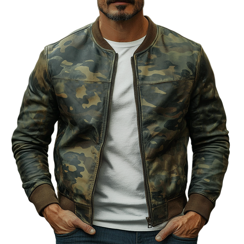 Chaqueta de béisbol de cuero con estampado de camuflaje informal para hombre 26324545F