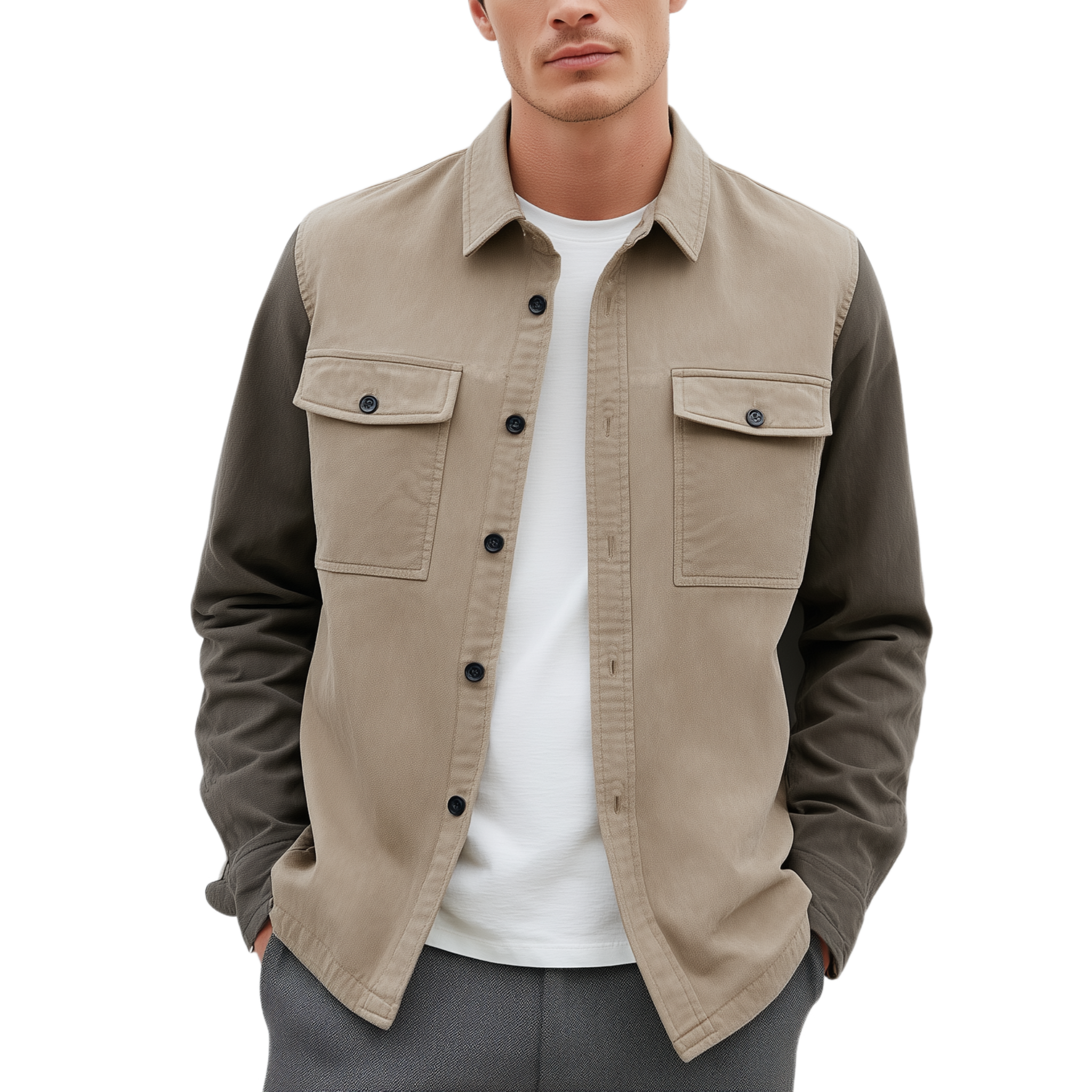 Men's Classic Casual Lapel Contrast Color Stitching Suede Long Sleeve Shirt MTA2970G9K