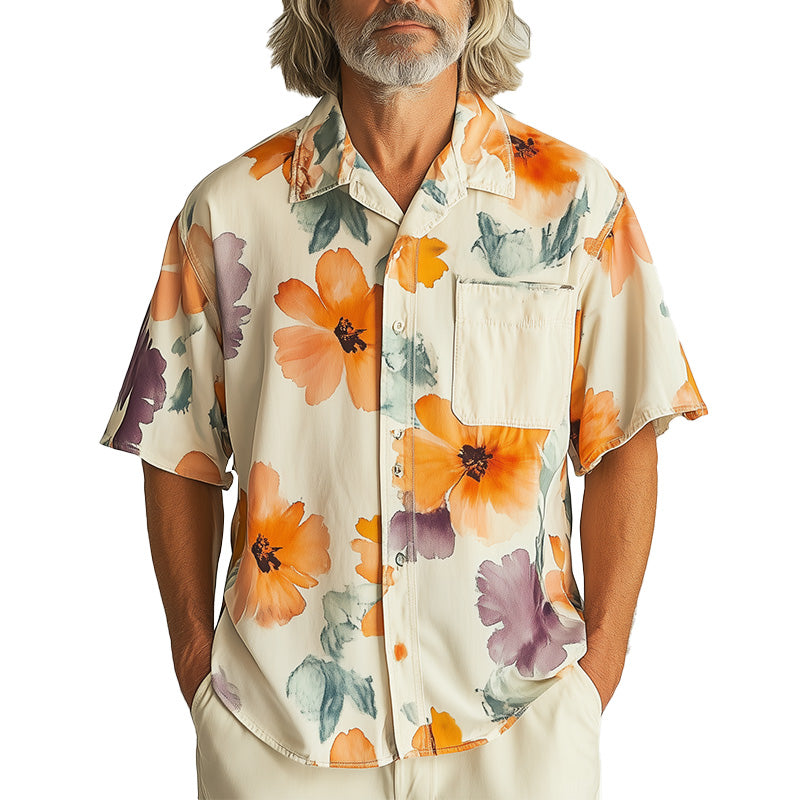Men's Summer Fashion Floral Print Cotton And Linen Short Sleeve Shirt MTA1526E5P
