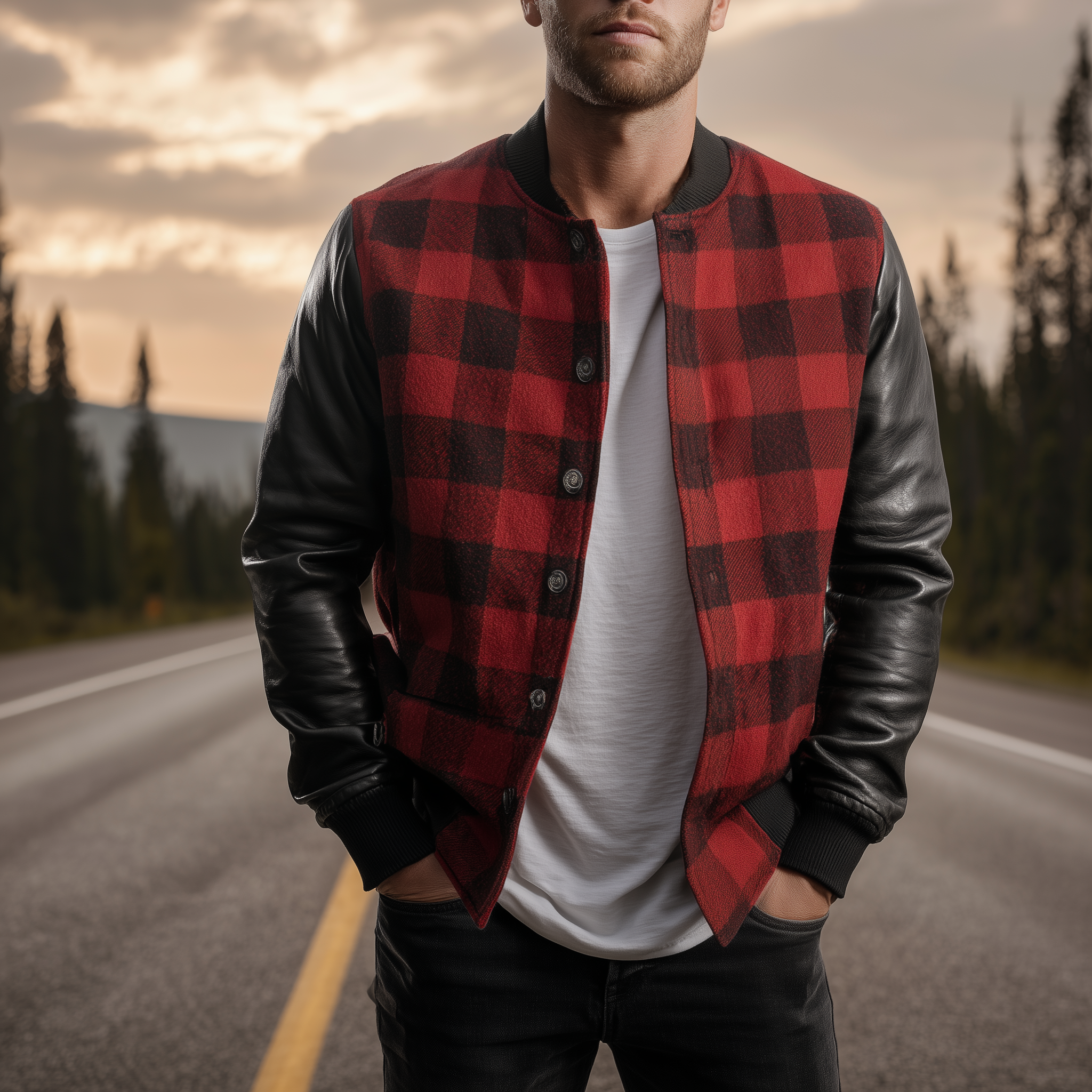 Men's Classic Casual Woolen Plaid Stitching PU Leather Stand Collar Jacket MTA0110I3K