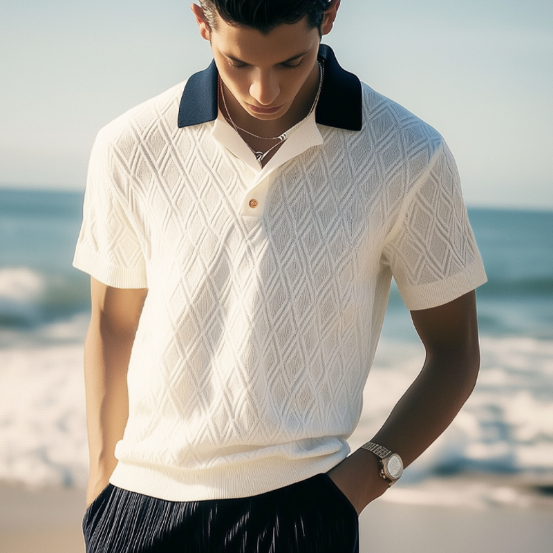 Men's Summer Diamond Jacquard Knitted Polo Neck T-Shirt MTA3099F0U
