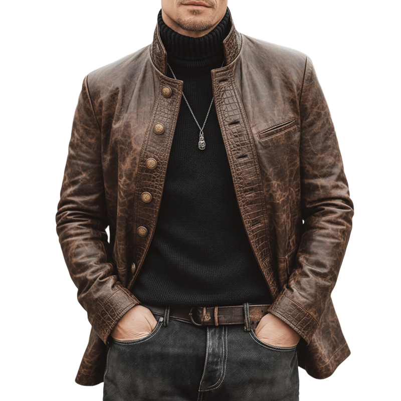 Men's Retro Stand Collar Multi-Button Distressed Patchwork Crocodile Texture PU Leather Jacket MTA1968K4U