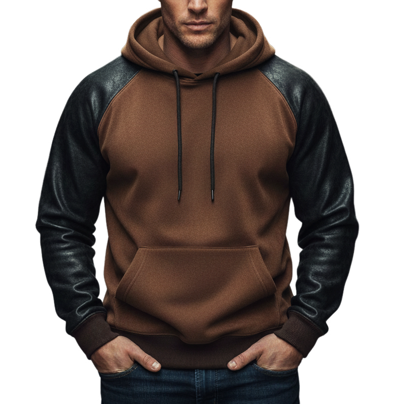 Men's Urban Cotton Blend  And PU Leather Sleeves Hoodie MTA1724K7U