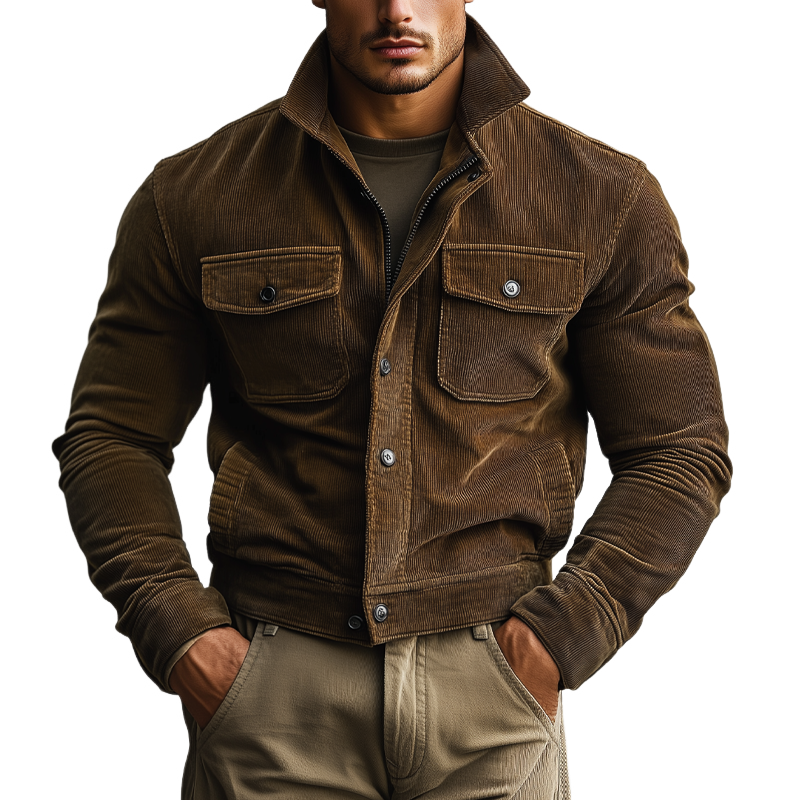 Men's Vintage Solid Color Stand Collar Corduroy Multi-Pocket Jacket MTA2853H2X
