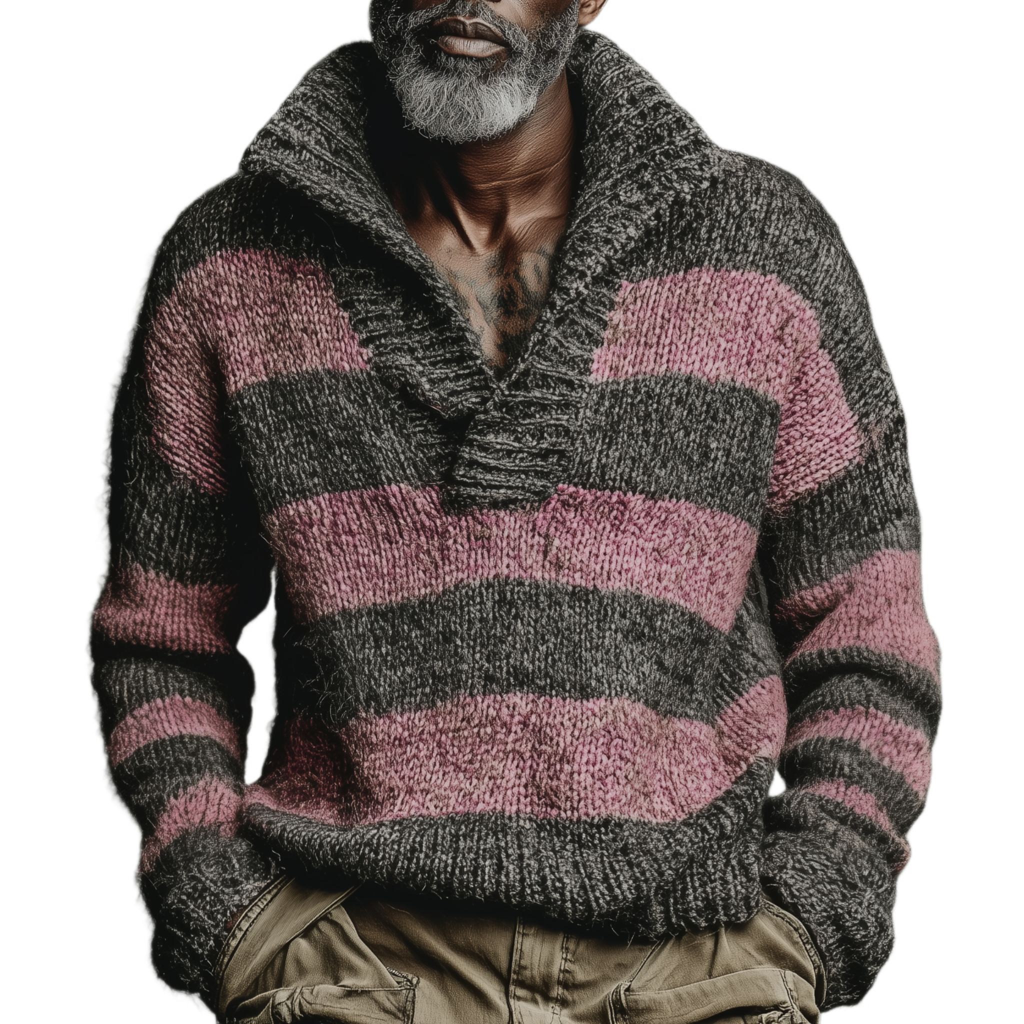 Men's Classic Casual Pink And Gray Horizontal Striped Stand Collar Loose Sweater MTA2829I6K