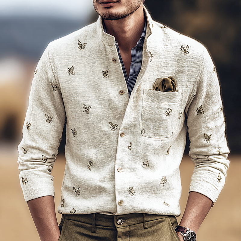 Men's Butterfly Print Stand Collar Long Sleeve Shirt MTA1102I7Z