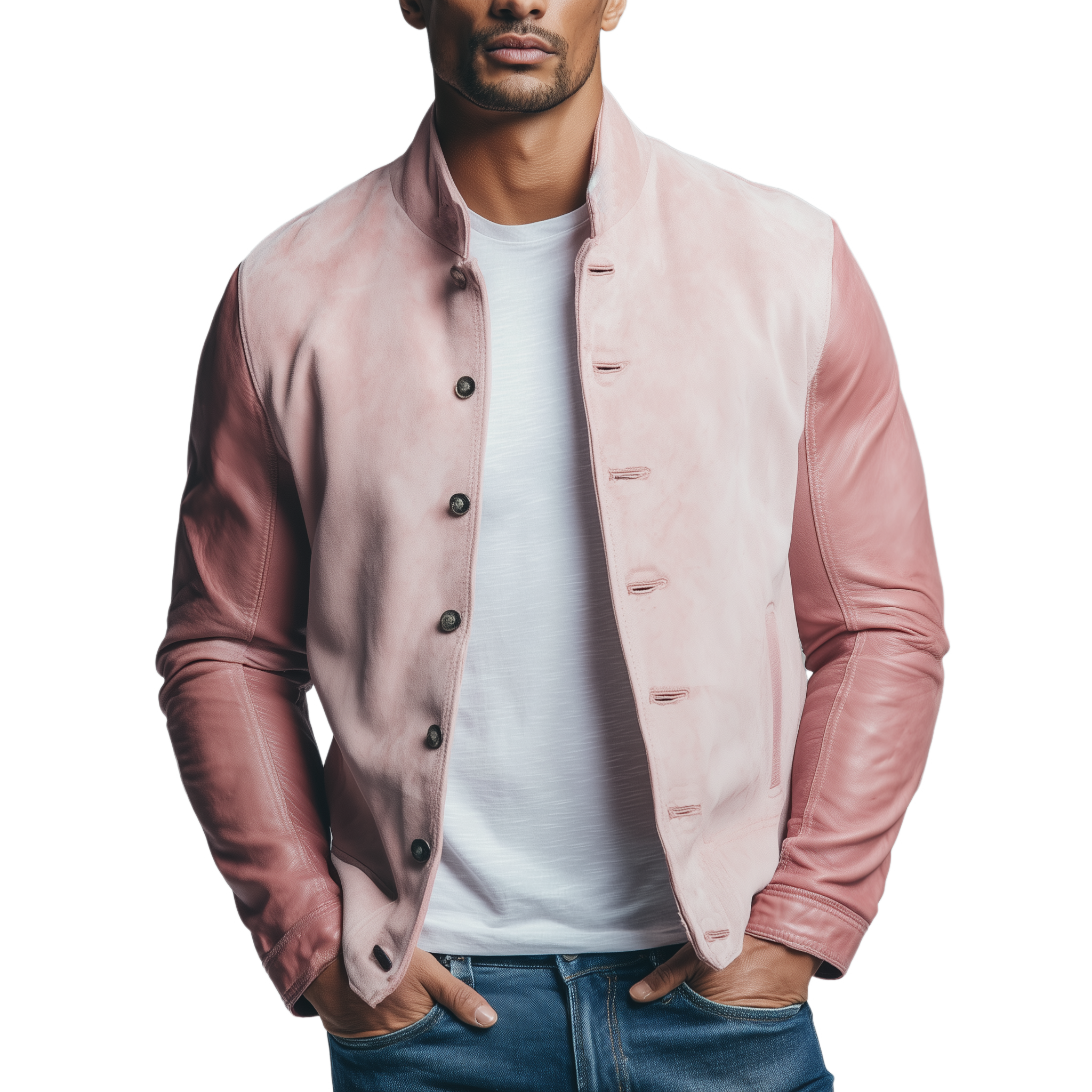 Men's Classic Casual Sleeves Stitching PU Leather Pink Suede Stand Collar Jacket MTA0696H2K