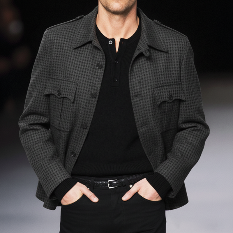 Men's Urban Dark Grey Waffle Texture Button Jacket MTA1321K5U