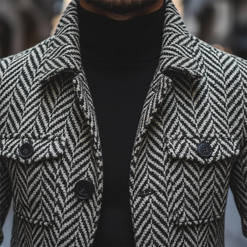 Men's Retro Minimalist Herringbone Faux Wool Multi-Pocket Jacket MTA0311K9P