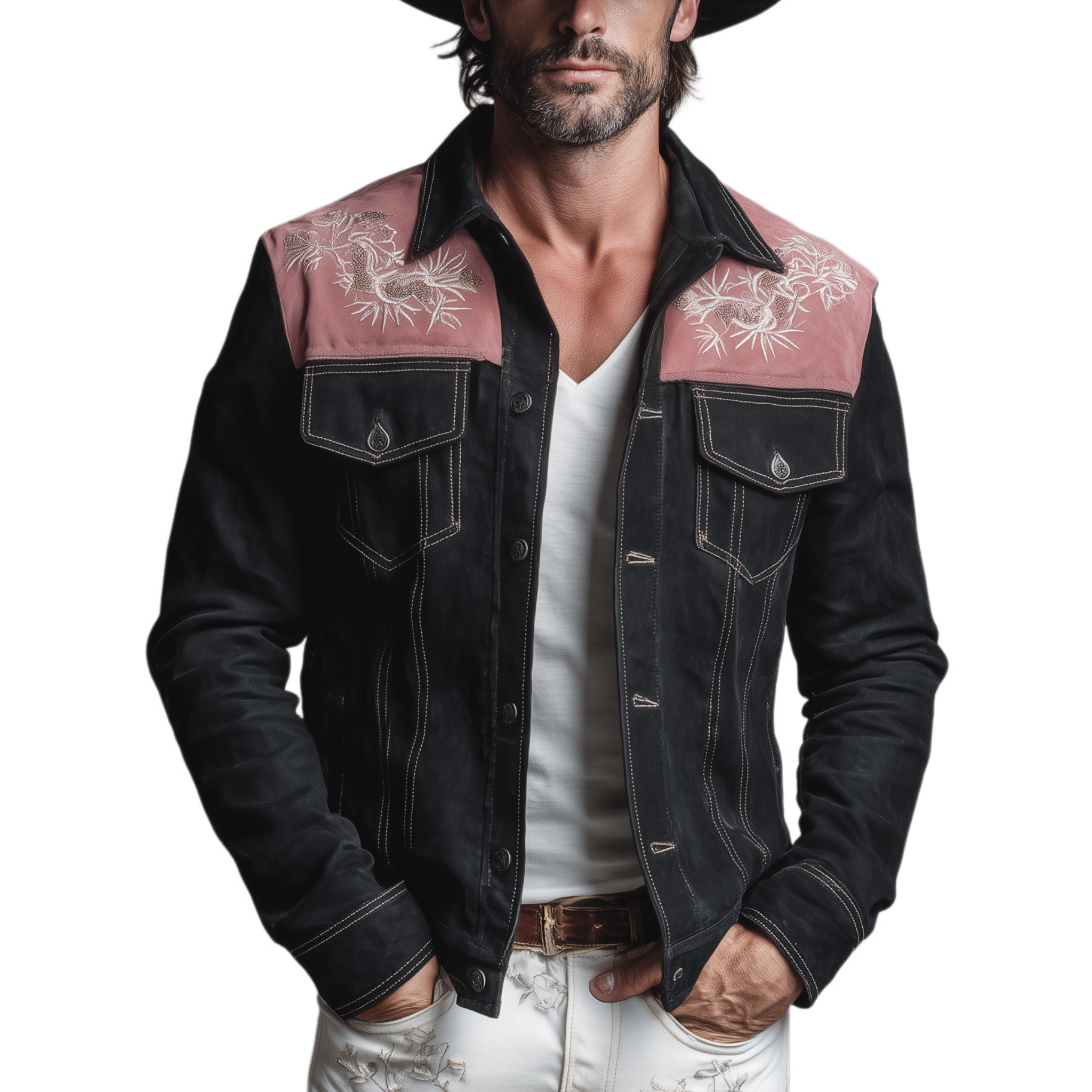 Men's Classic Retro Western Style Pink And Black Suede Patchwork Embroidered Jacket MTA2696H6K