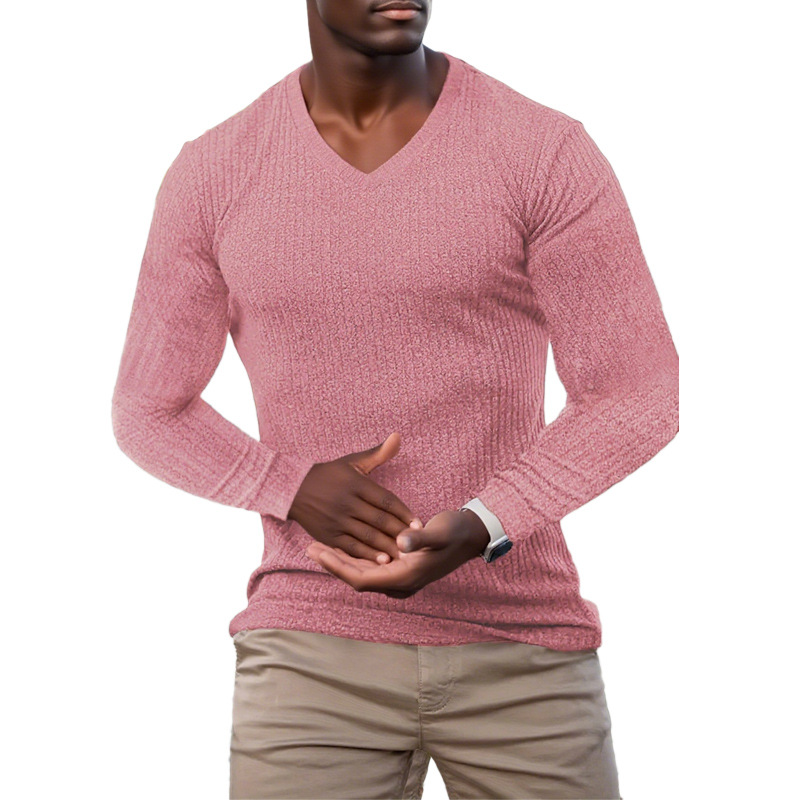 Men's Knitted Striped Textured V-neck Sweater MTA2821G0X