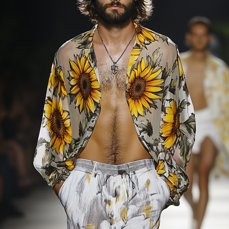 Men's Sunflower Print Long Sleeve Shirt MTA0676F7X