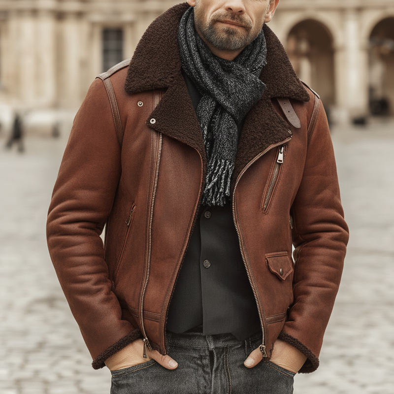 Men's Urban Reddish Brown Suede Warm Lambswool Lined Jacket MTA1579K5U