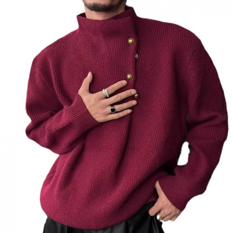 Men's Solid Color Loose Buttons Decor Short High Collar Long Sleeve Knit Sweater 73443894Z