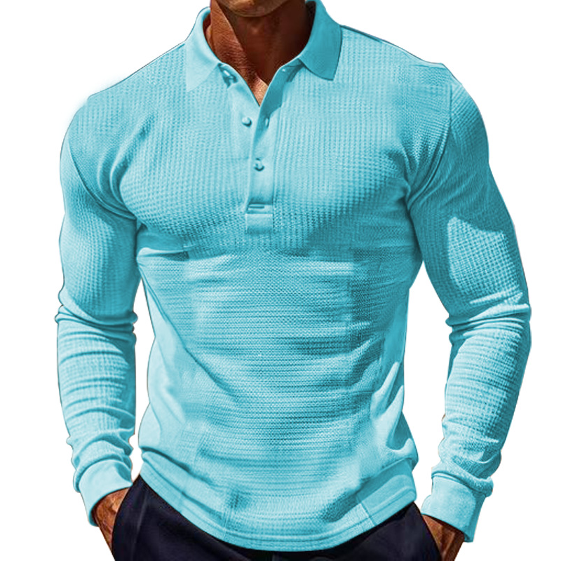 Men's Solid Color Waffle Lapel Long Sleeve Polo Shirt 57631305Z