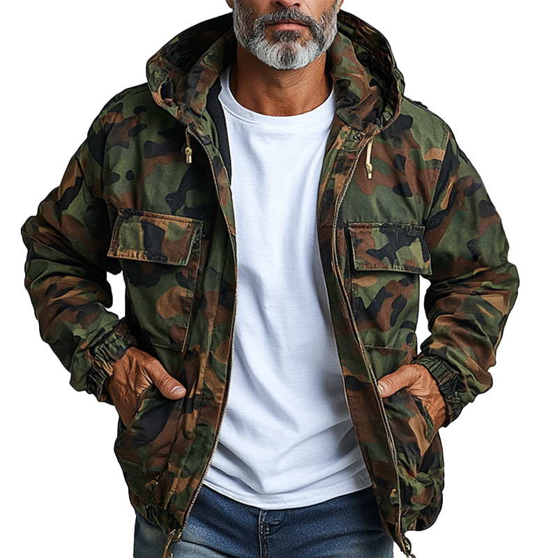 【24-Stunden-Versand】 Herren Camouflage-Cargojacke mit Kapuze, mehreren Taschen und Reißverschluss 19409115Z