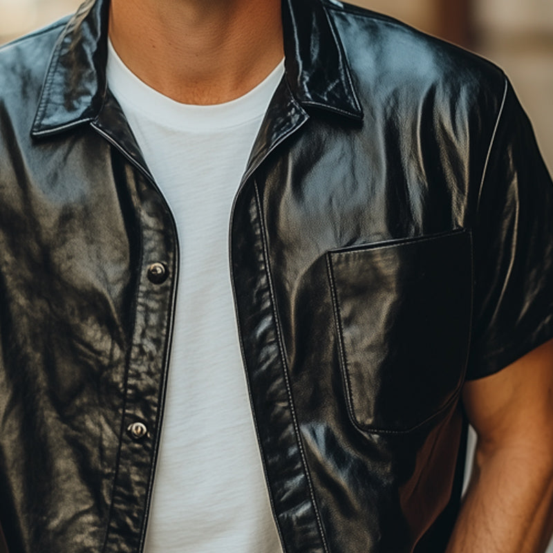 Men's Summer Loose Black Leather Short Sleeve Shirt MTA0180D2U