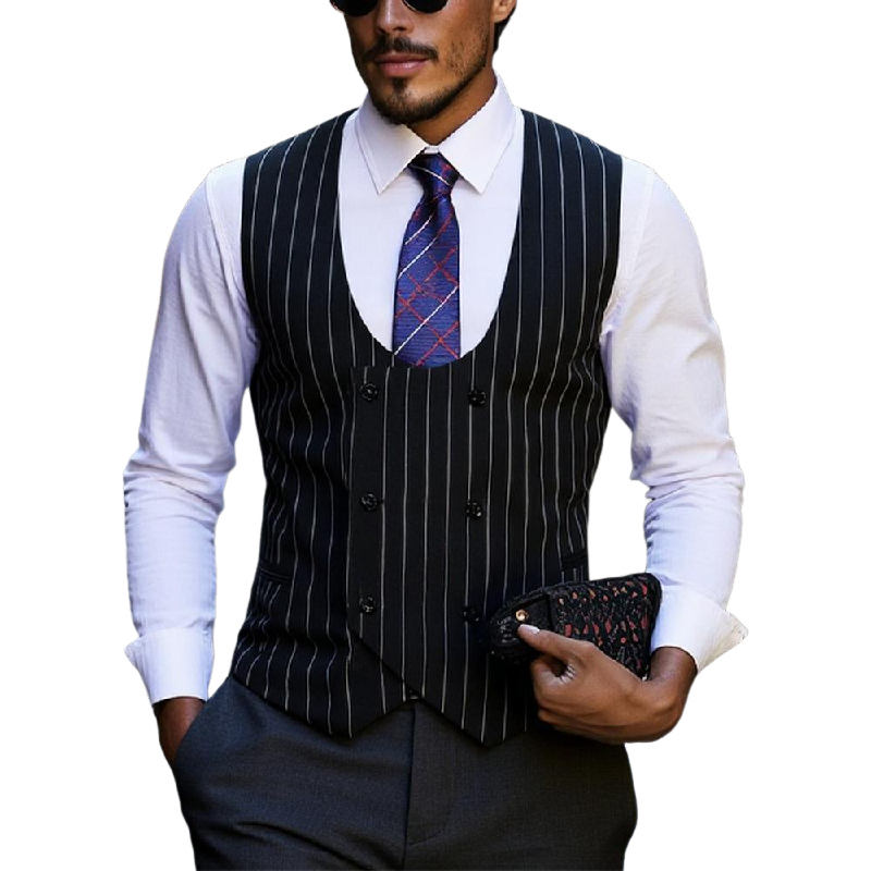 Men's Casual Striped U-Neck Double-Breasted Vest (Shirt Not Included) 16826135X