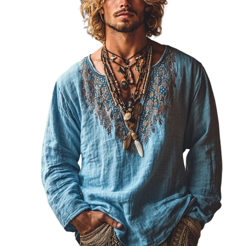 Men's Bohemian Print V Neck Long Sleeve Loose Fit Shirt 06624624Z