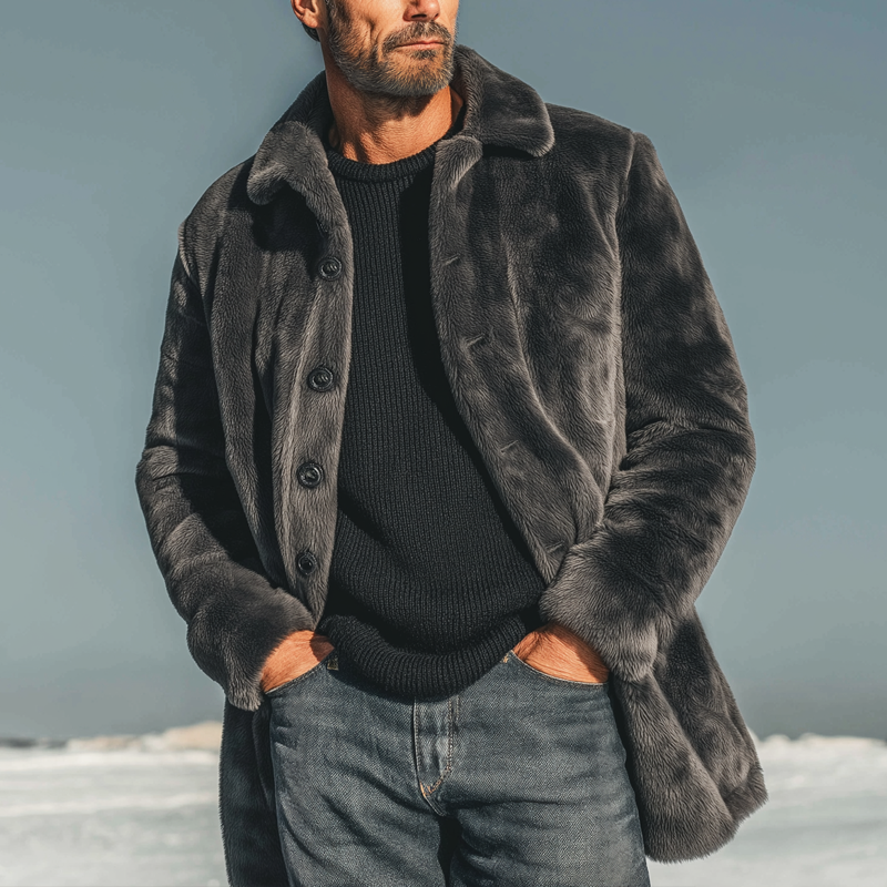 Men's Urban Warm Dark Gray Faux Mink Fur Button-up Coat MTA2578K6U