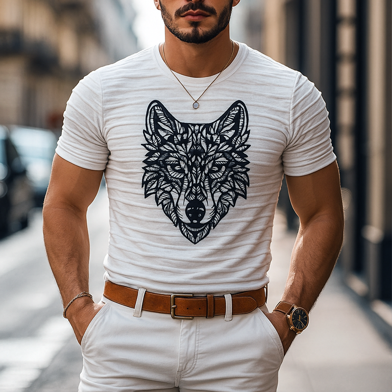 Men's Beast Head Patch Pleated Fabric Round Neck Short Sleeve T-shirt MTA2352F6Z