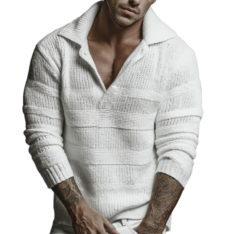 Men's Retro Casual Striped Knit Solid Color Lapel Sweater MTA3049H2TO