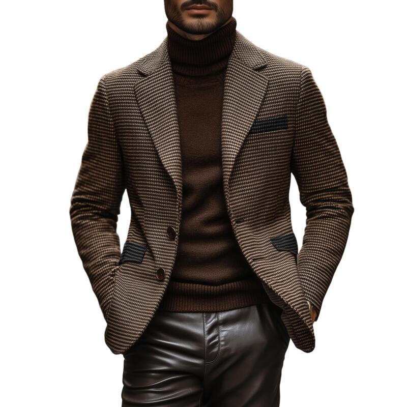 Men's Vintage Colorblock Patchwork Houndstooth Notch Lapel Single-breasted Slim-fit Blazer MTA2555H1M